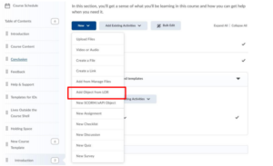 LOR page with the new button selected and the "Add Object from LOR" option selected. 